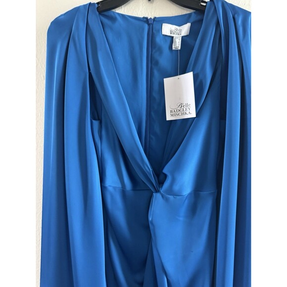Badgley Mischka Nora Satin V-Neck Long Bell Sleeve Twist Front Mini Dress size 2 - Picture 7 of 14